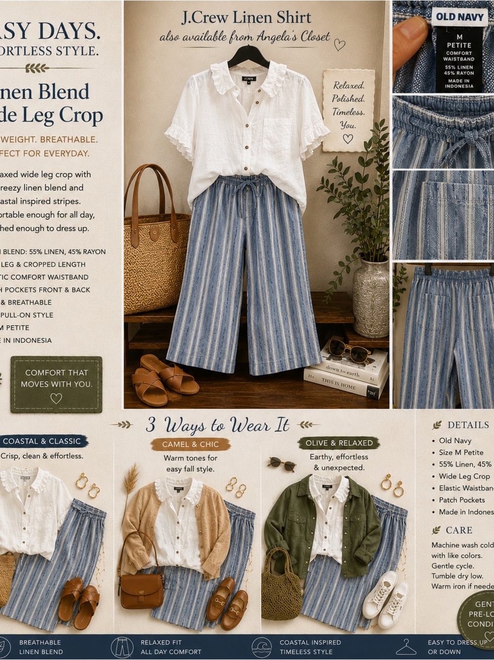 Old Navy Blue and White Striped Wide-Leg Linen Blend Pants